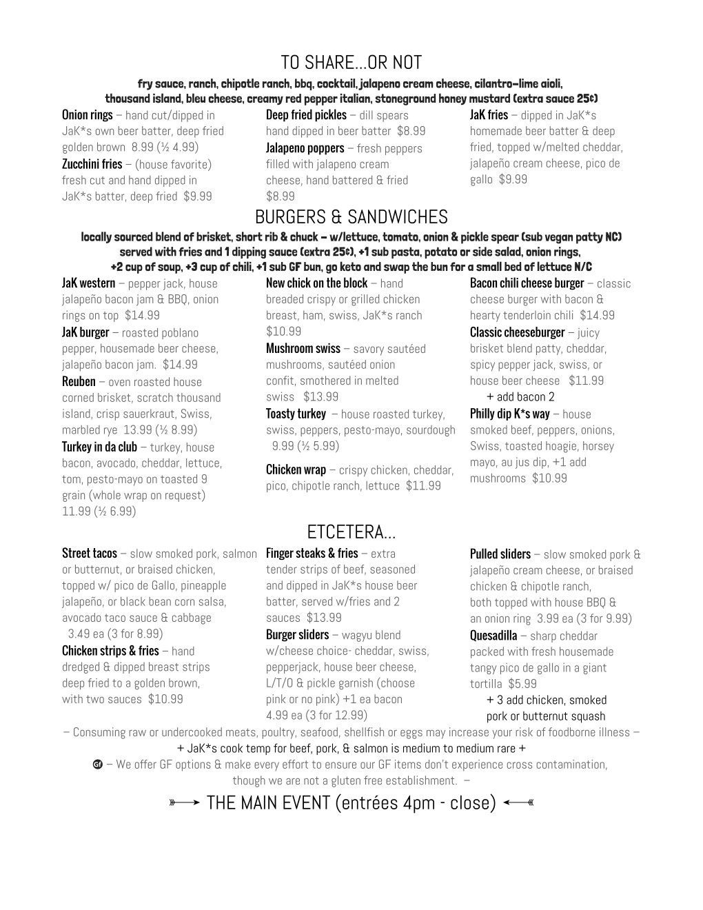 Jak S Place Menu Jak S Place