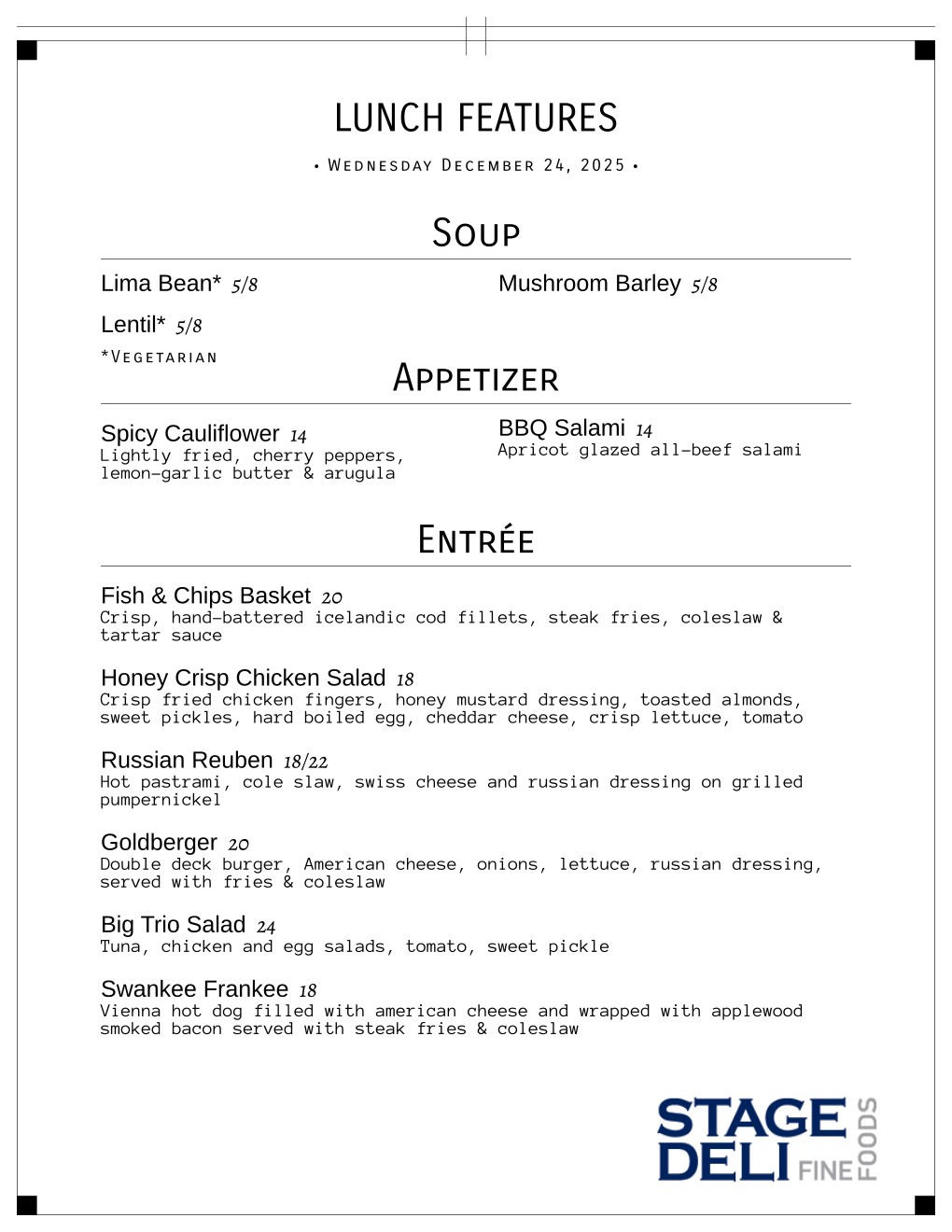 Daily Specials Stage Deli West Bloomfield Restaurant, Jewish Deli